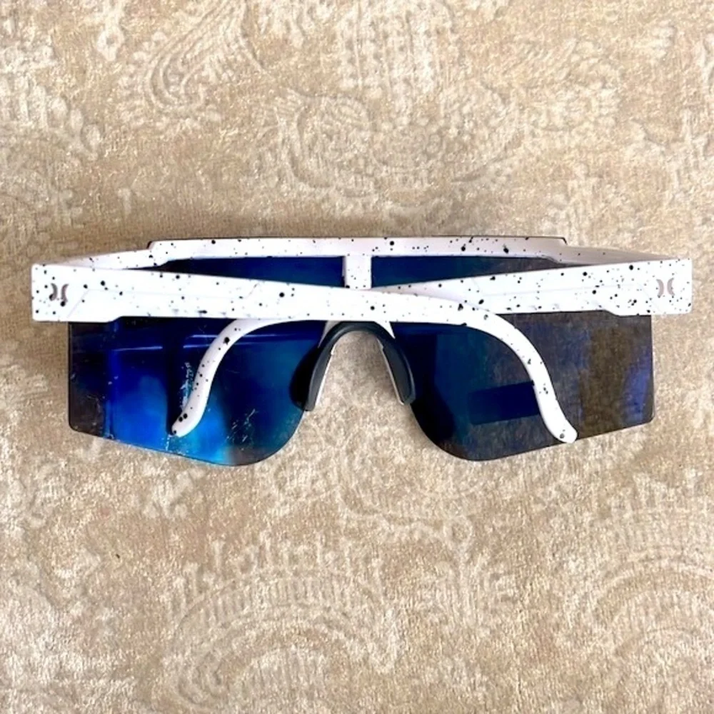 Brand New Hurley Polarized Sunglasses White Semi-Rim Wrap Shield Blue Mirrored